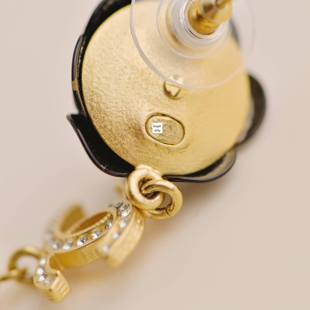 Chanel CC Enamel Faux Pearl Black Camellia Drop Pendant Earrings For Sale 2