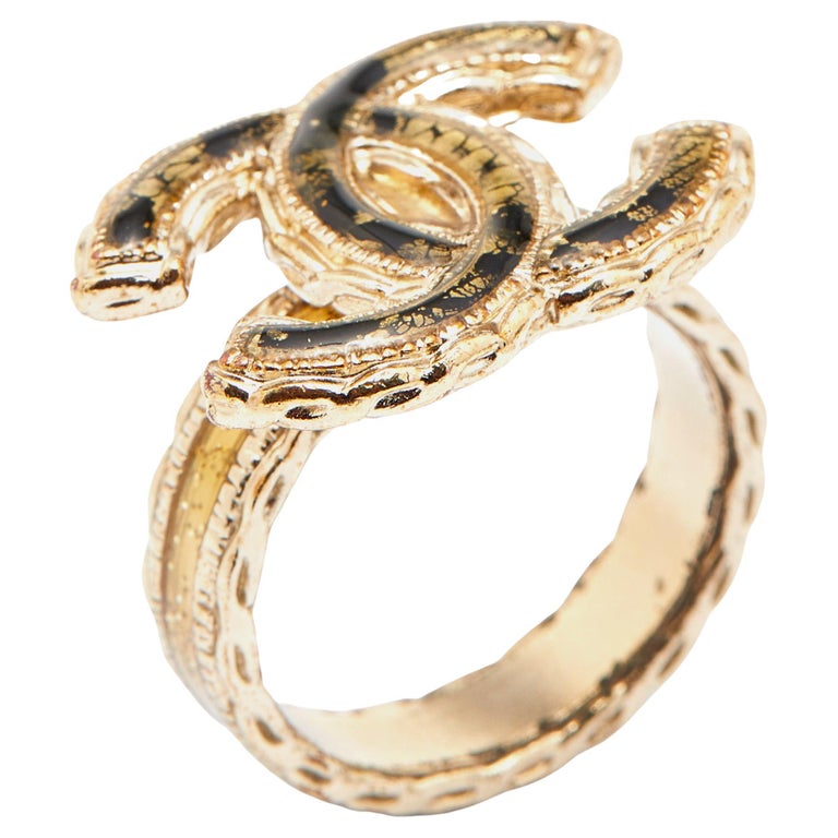 Chanel CC Enamel Gold Tone Ring Size 53 For Sale at 1stDibs