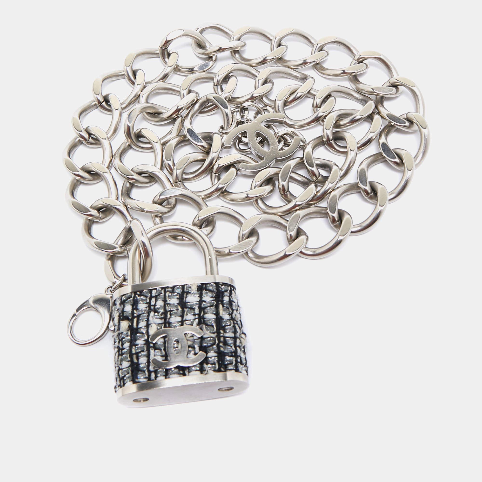 Chanel CC Fabric Charm Silver Tone Chain Belt For Sale 2