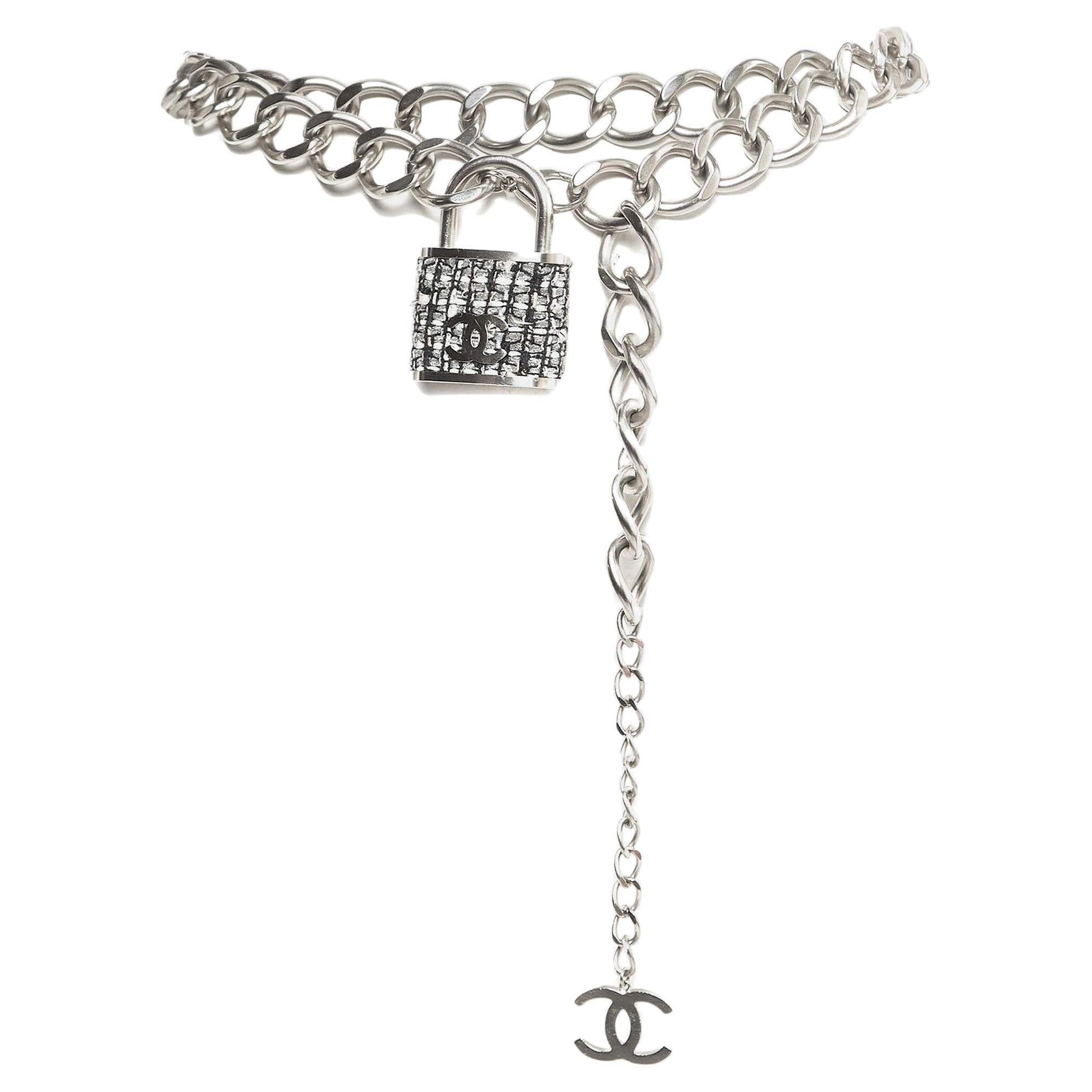 Chanel CC Fabric Charm Silver Tone Chain Belt For Sale