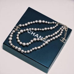 Chanel CC Faux Grey Pearl Gold Tone Necklace