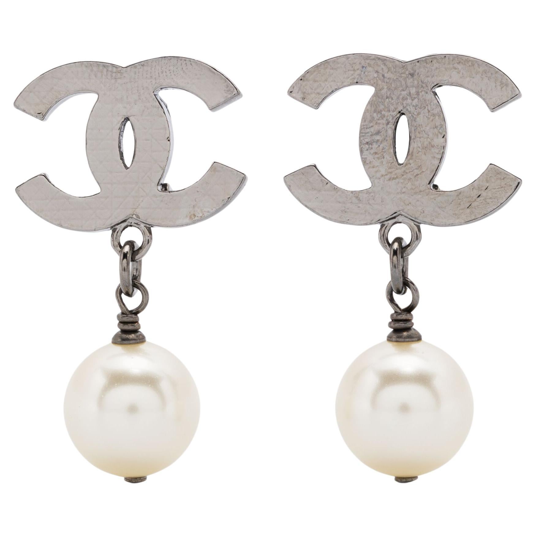 Chanel CC Faux-Pearl and Silver-Tone Clip-On Earrings
