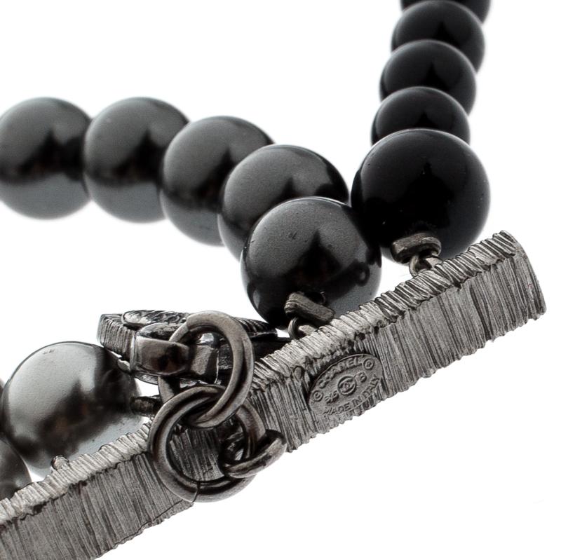 Contemporary Chanel CC Faux Pearl Bead Gunmetal Tone Multi-strand Bracelet