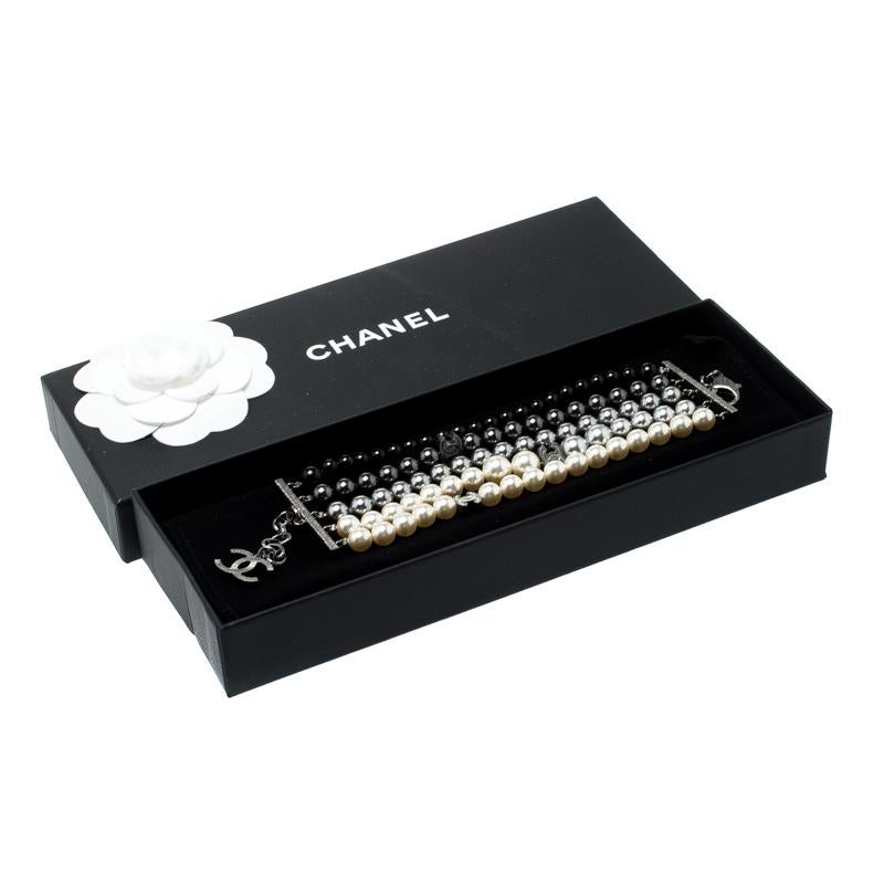 Women's Chanel CC Faux Pearl Bead Gunmetal Tone Multi-strand Bracelet