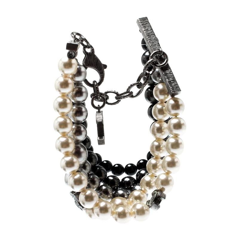 Chanel CC Faux Pearl Bead Gunmetal Tone Multi-strand Bracelet
