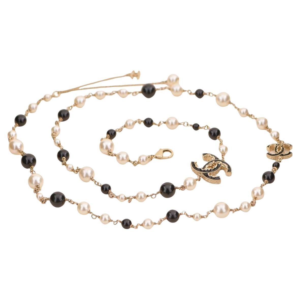 Chanel CC Faux Pearl & Black Beads Baroque Sautoir Necklace