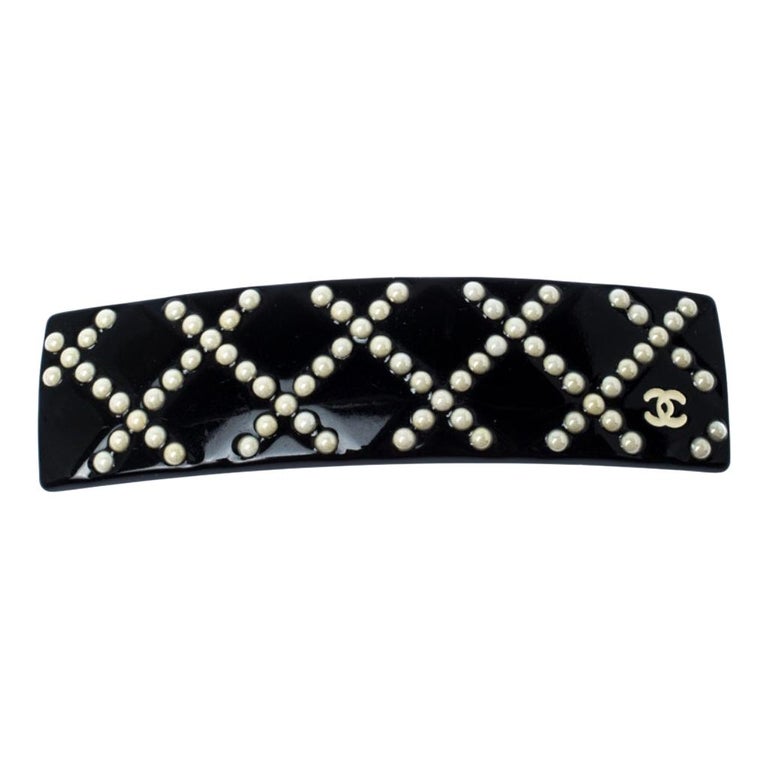 Chanel CC Faux Pearl Black Hair Clip Barrette For Sale at 1stDibs
