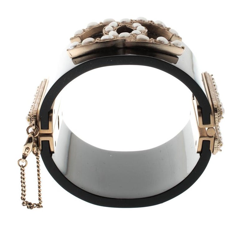 Chanel CC Faux Pearl Black Resin Gold Tone Wide Cuff Bracelet 18cm at