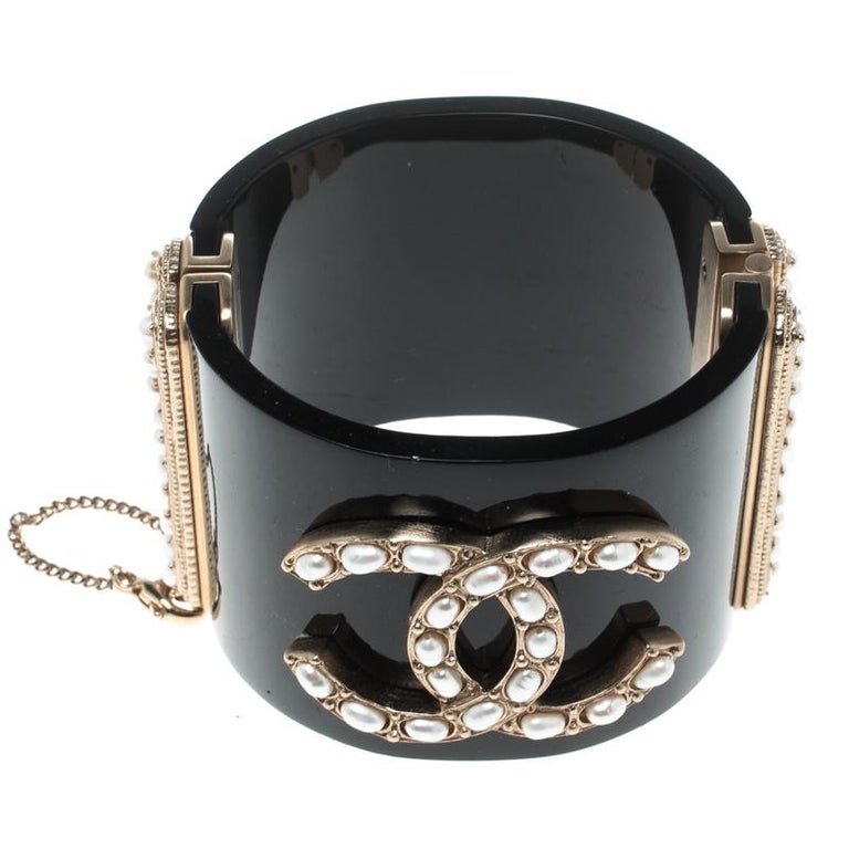 Chanel CC Faux Pearl Black Resin Gold Tone Wide Cuff Bracelet 18cm