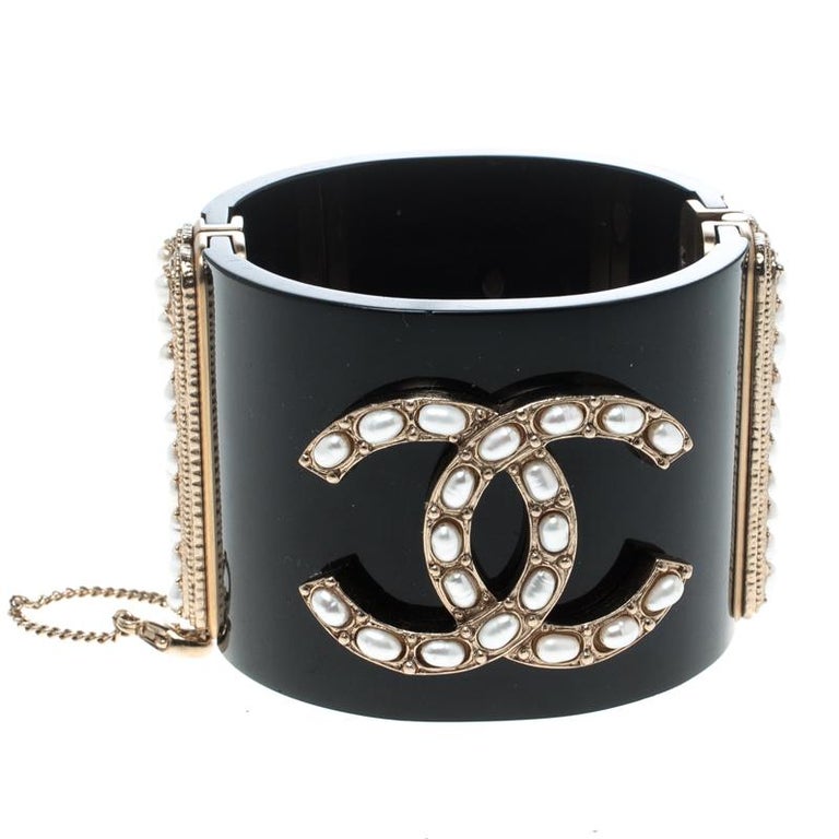 Chanel CC Faux Pearl Black Resin Gold Tone Wide Cuff Bracelet 18cm at