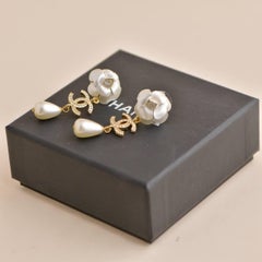 Chanel CC Faux Pearl Camelia Drop Earrings