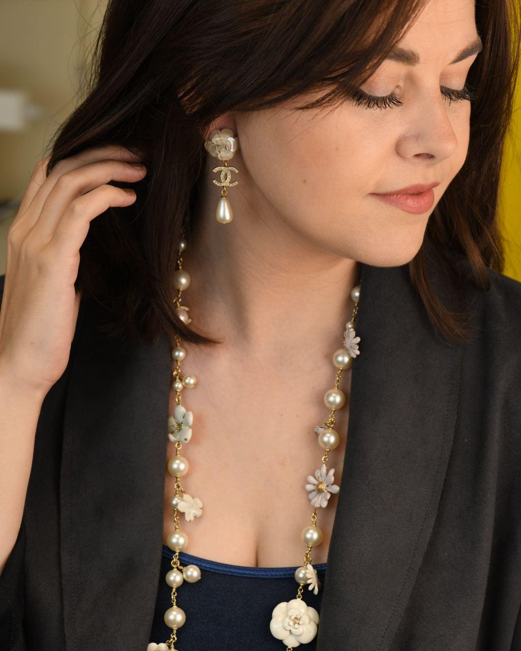Chanel CC Faux Pearl Camelia Drop Earrings In Excellent Condition In Banbury, GB