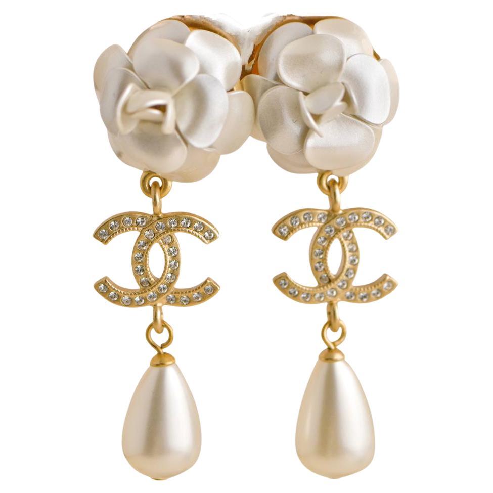 Chanel CC Faux Pearl Camelia Drop Earrings For Sale