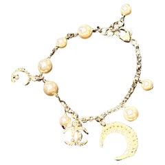 CHANEL CC Faux Pearl Crescent Moon Charm Bracelet 2015