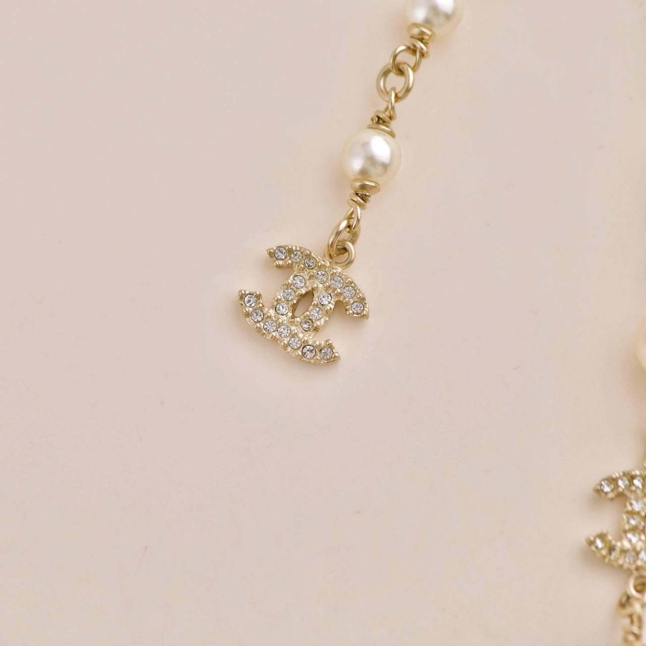 Chanel CC Faux Pearl Crystal and Bead Long Necklace For Sale 3