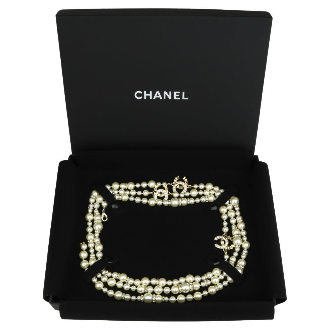 CHANEL CC Faux Pearl Crystal beads Gold Long Necklace 2021