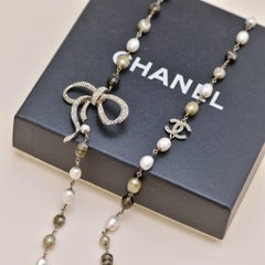 Chanel CC Faux Pearl Crystal Bow Bead Long Necklace
