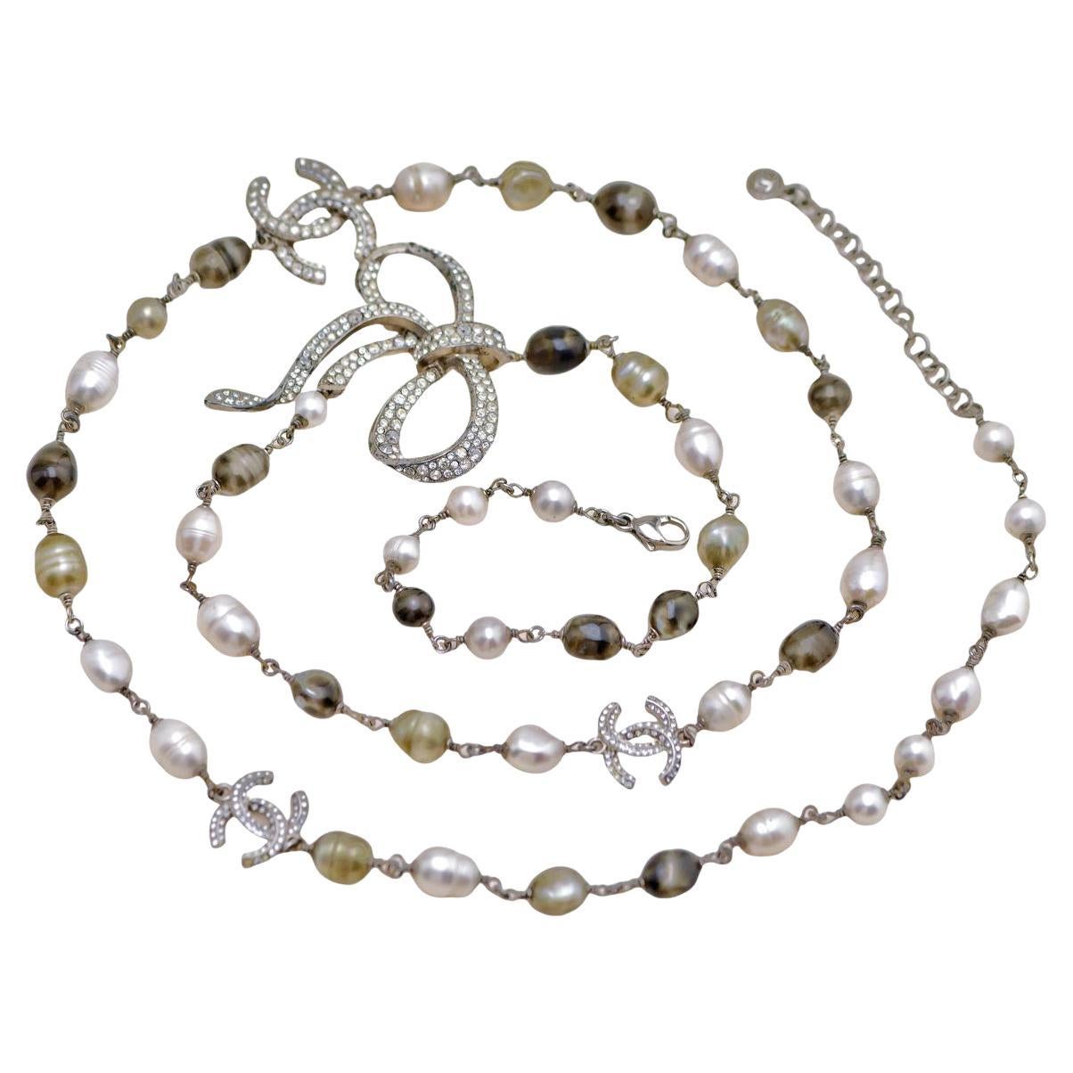 Chanel CC Faux Pearl Crystal Bow Bead Long Necklace
