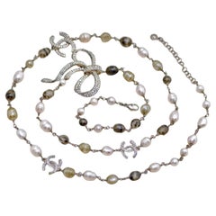 Chanel CC Faux Pearl Crystal Bow Bead Long Necklace