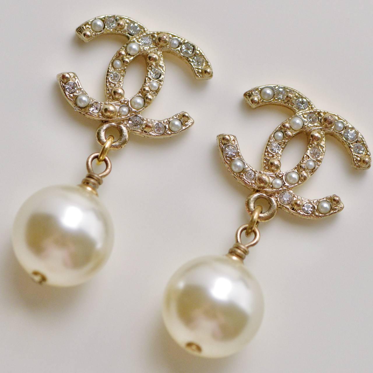 Chanel CC Faux Pearl Crystal Dangle Earrings 2