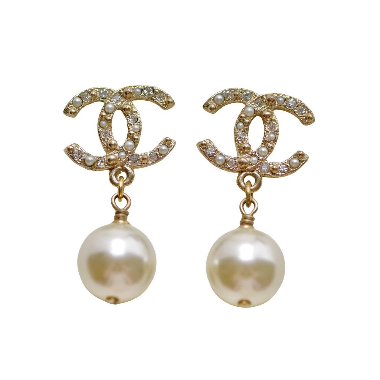 Chanel CC Faux Pearl Crystal Dangle Earrings