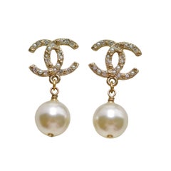 Chanel CC Faux Pearl Crystal Dangle Earrings