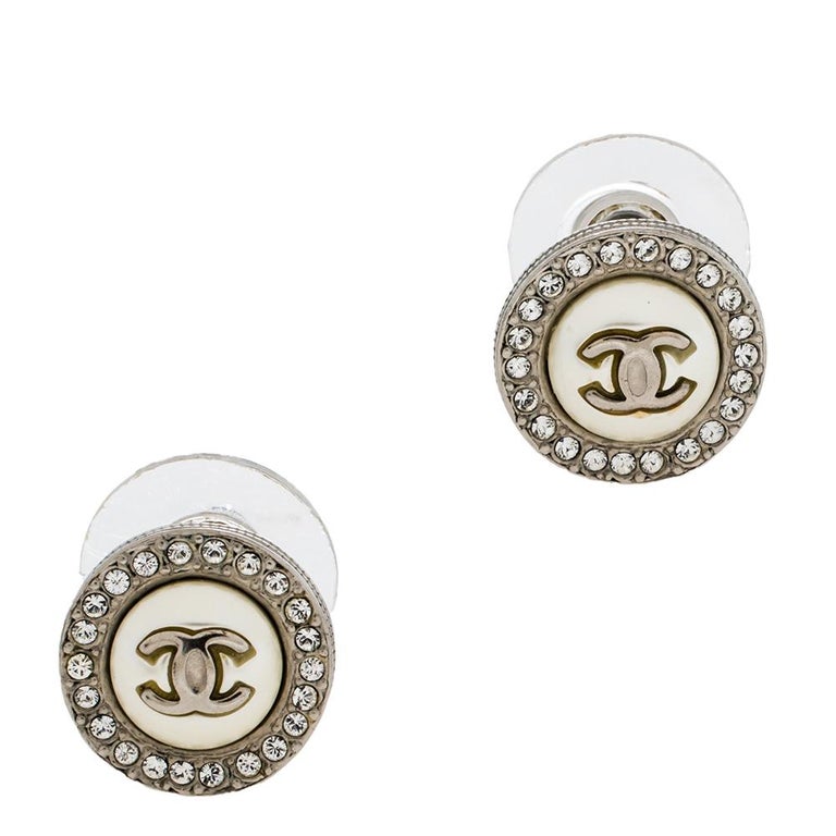Chanel CC Faux Pearl Crystal Round Stud Earrings at 1stDibs