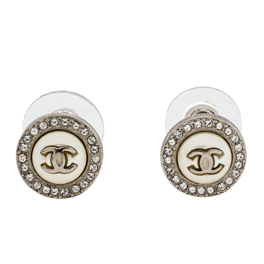 Chanel CC Faux Pearl Crystal Round Stud Earrings at 1stDibs  chanel  diamond earrings studs, women's stud chanel earrings, chanel diamond earings