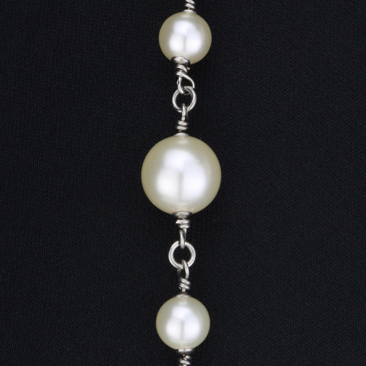 CHANEL CC Faux Pearl Crystal Silver Long Necklace 2014 In Excellent Condition In Huddersfield, GB