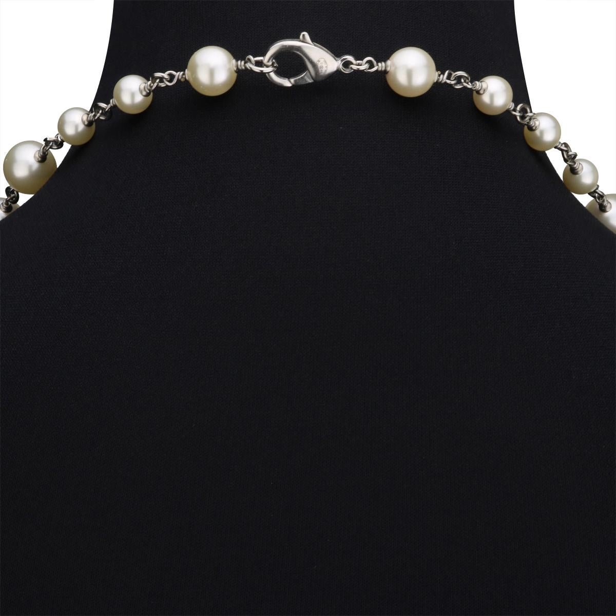 Women's or Men's CHANEL CC Faux Pearl Crystal Silver Long Necklace 2014
