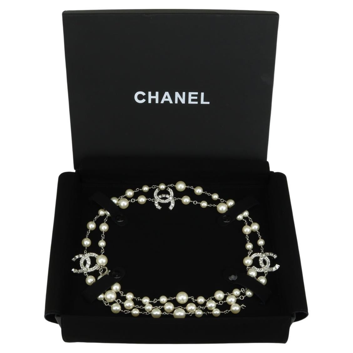 CHANEL CC Faux Pearl Crystal Silver Long Necklace 2014