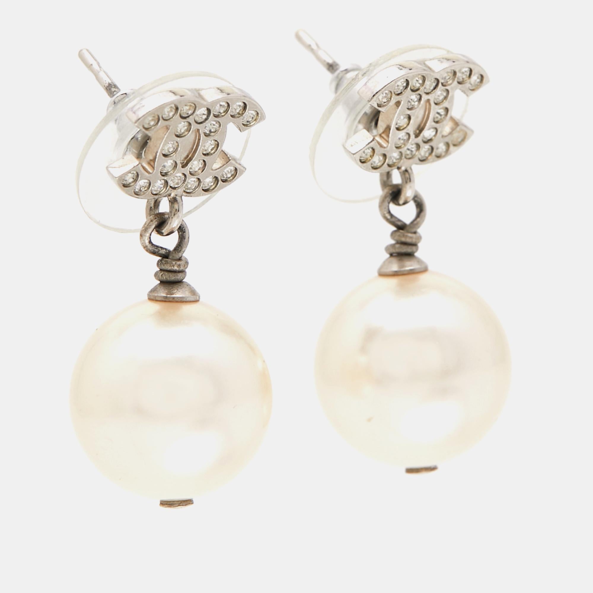 Uncut Chanel CC Faux Pearl Crystal Silver Tone Drop Earrings For Sale