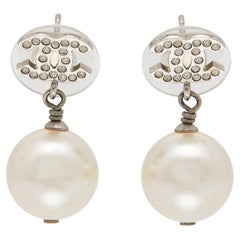 Chanel CC Faux Pearl Crystal Silver Tone Drop Earrings
