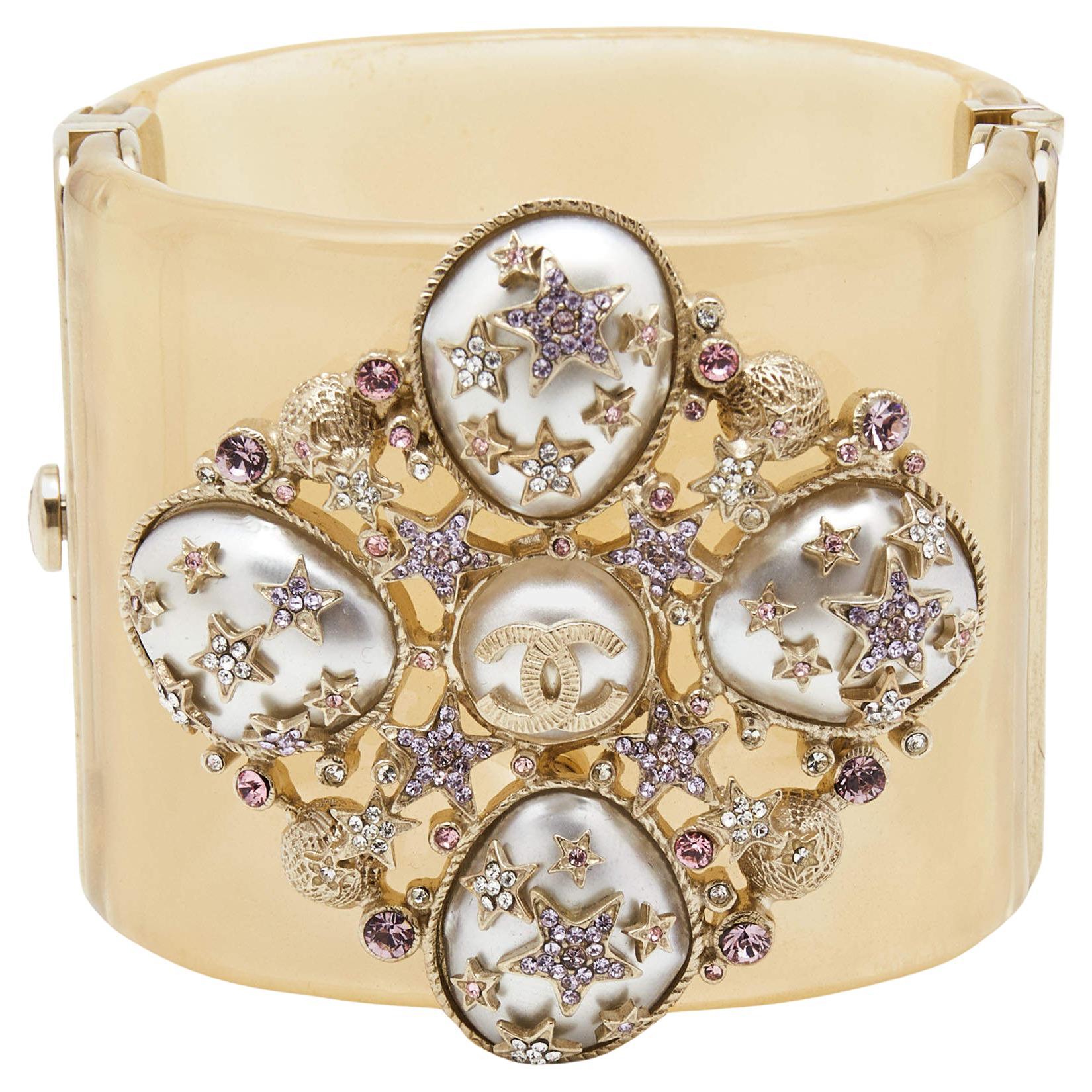 Chanel CC Faux Pearl Crystals Resin Gold Tone Cuff Bracelet