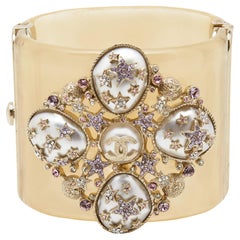 Chanel CC Faux Pearl Crystals Resin Gold Tone Cuff Bracelet