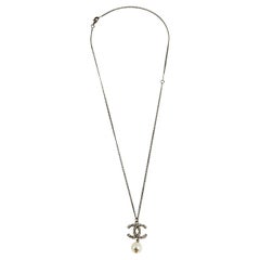 Chanel CC Faux Pearl Crystals Silver Tone Metal Pendant Necklace
