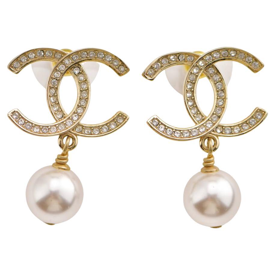 Chanel CC Faux Pearl Drop Pendant Earrings For Sale