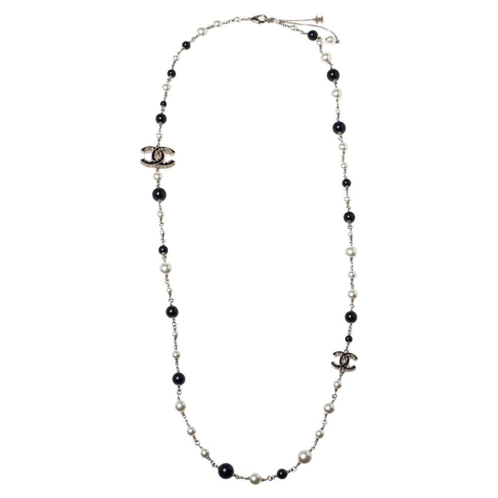 Chanel CC Faux Pearl & Enamel Gold Tone Station Necklace