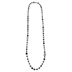 Chanel CC Faux Pearl Glass Beads Gunmetal Tone Long Necklace
