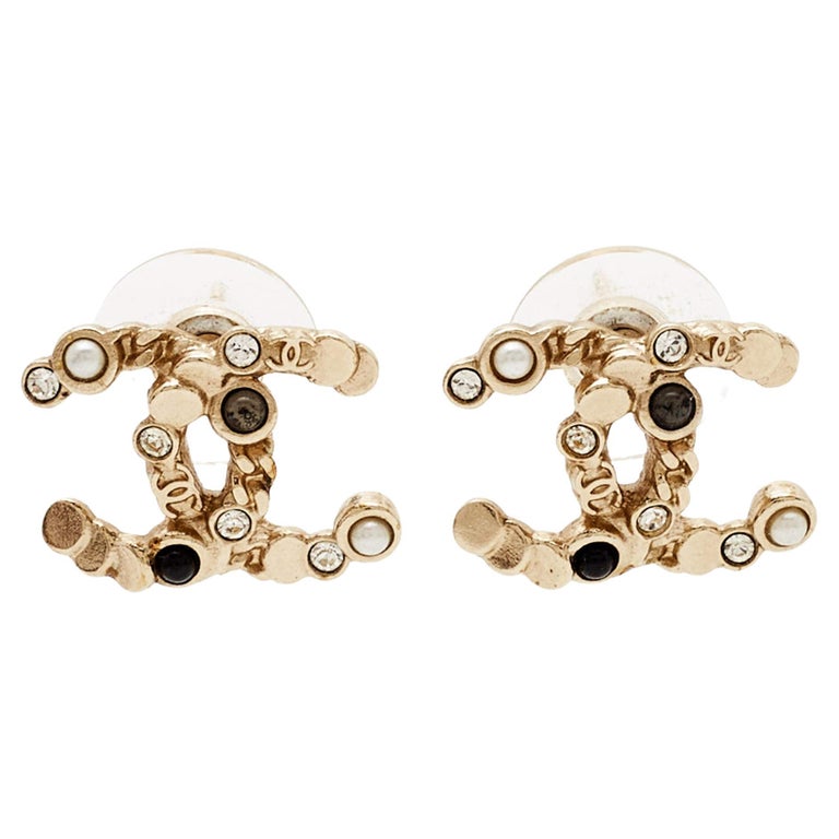 Chanel CC Faux Pearl Glass Crystal Gold Tone Earrings at 1stDibs