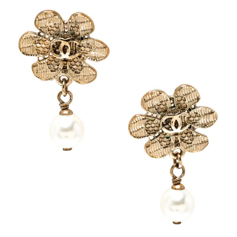 Women's Chanel CC Faux Pearl Gold Tone Camellia Drop Earrings