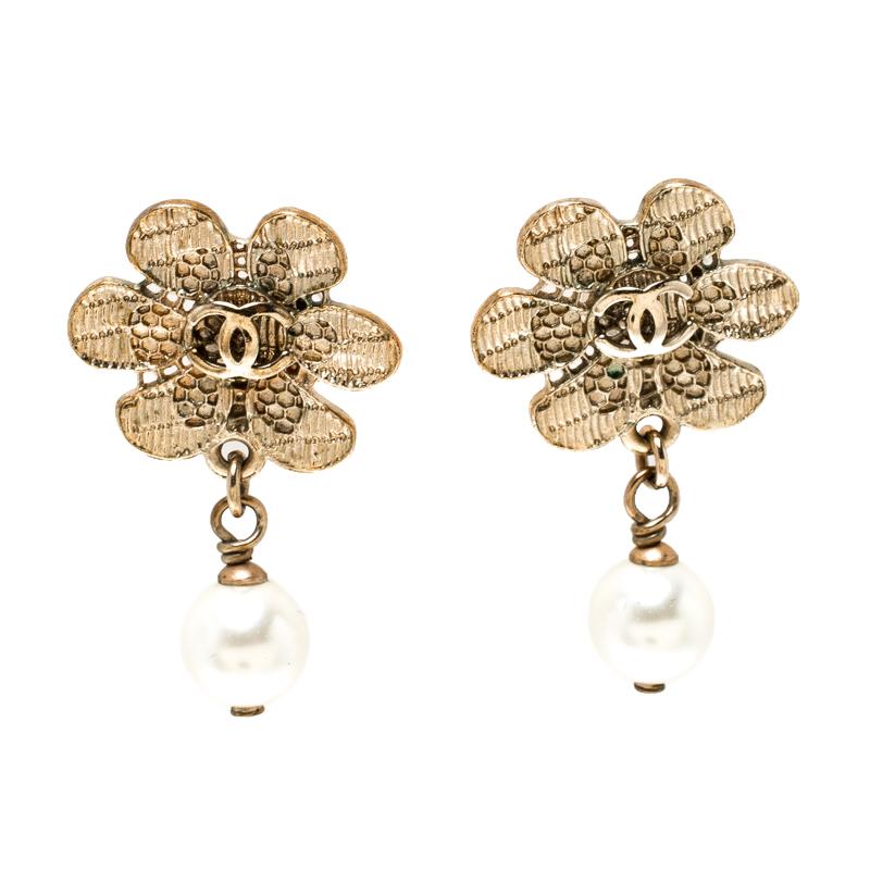 Chanel CC Faux Pearl Gold Tone Camellia Drop Earrings