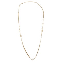Used Chanel CC Faux Pearl Gold Tone Chain Link Long Station Necklace