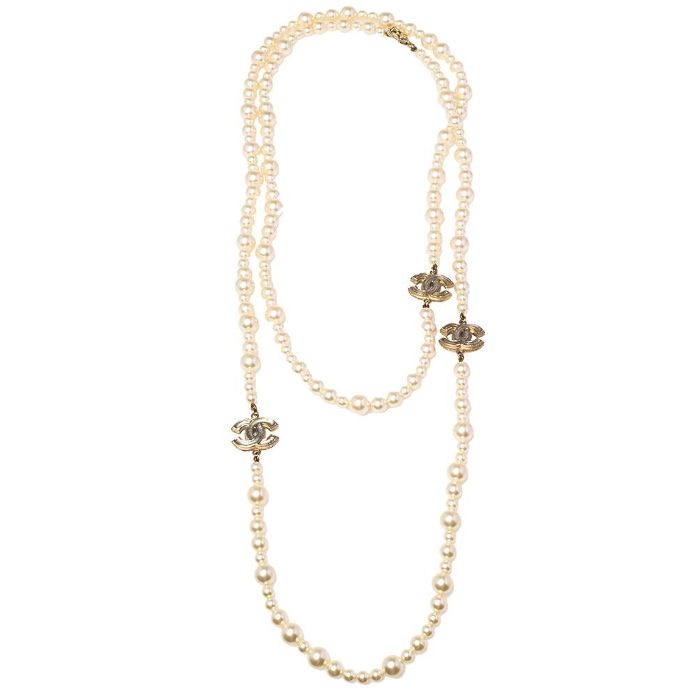 Chanel CC Faux Pearl Gold Tone Long Necklace