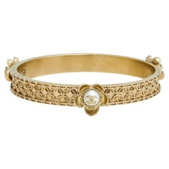 Chanel CC Faux Pearl Gold Tone Metal Floral Bangle Bracelet