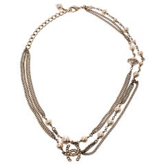 Chanel CC Faux Pearl Gold Tone Multi-layered Chain Link Necklace