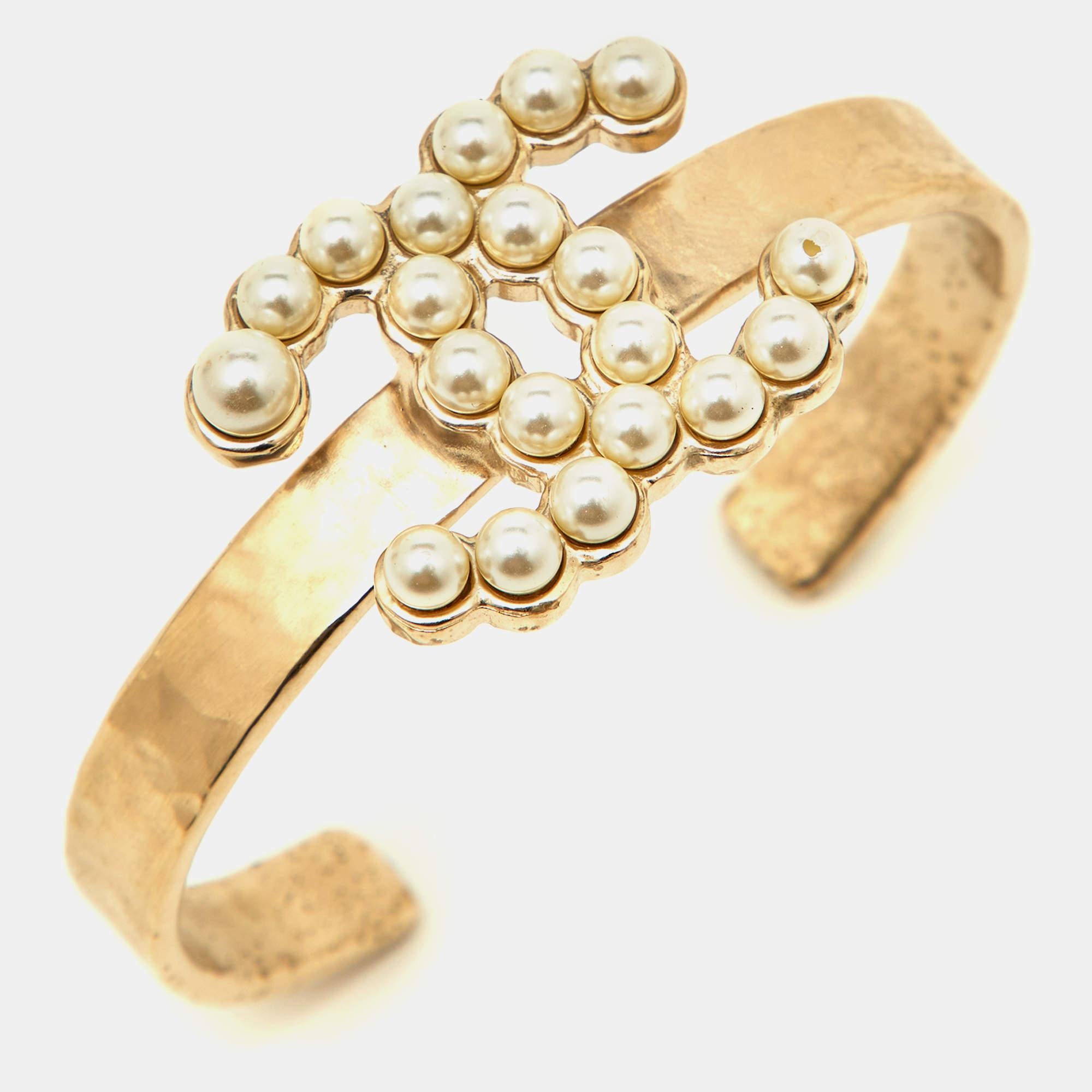 Uncut Chanel CC Faux Pearl Gold Tone Open Cuff Bracelet For Sale