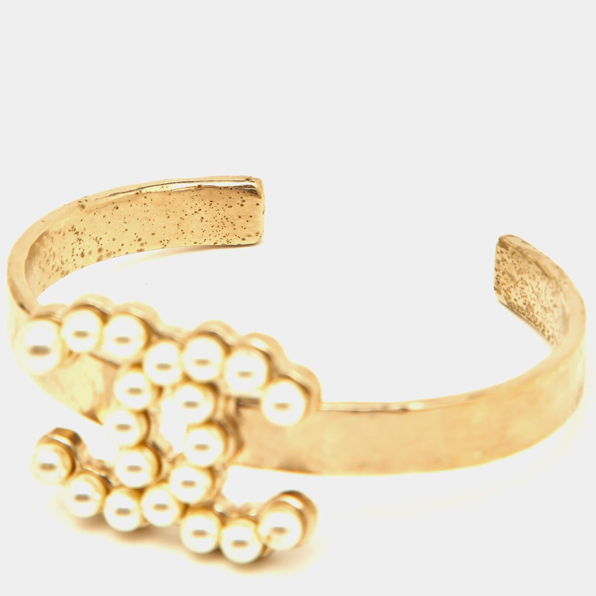 Women's Chanel CC Faux Pearl Gold Tone Open Cuff Bracelet For Sale