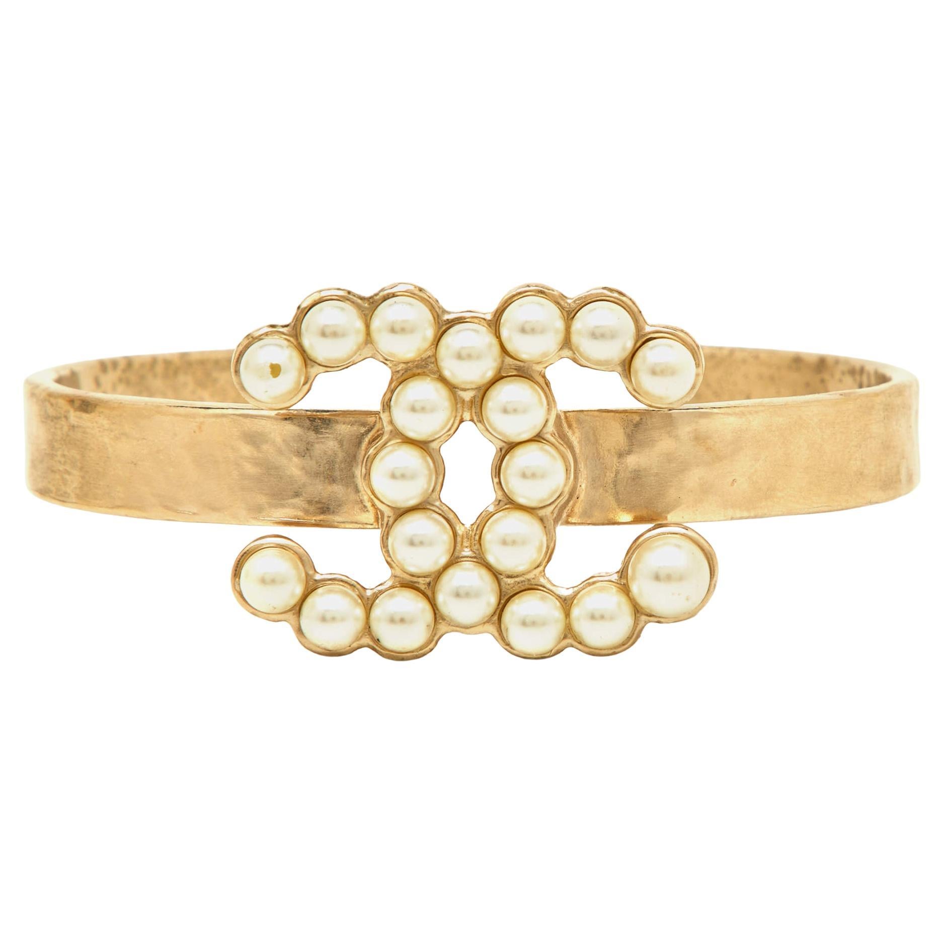 Chanel CC Faux Pearl Gold Tone Open Cuff Bracelet For Sale