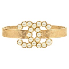 Chanel CC Faux Pearl Gold Tone Open Cuff Bracelet